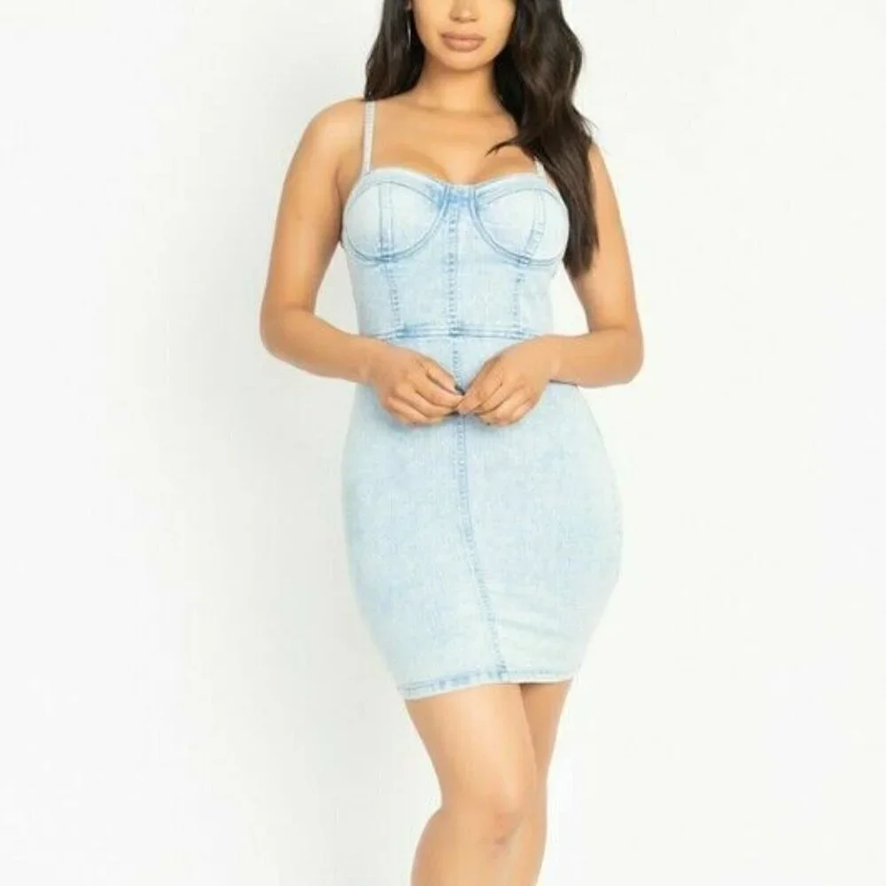 Acid Wash Sweetheart Neckline Denim Bustier Mini Dress with Stretch - Picture 1 of 12